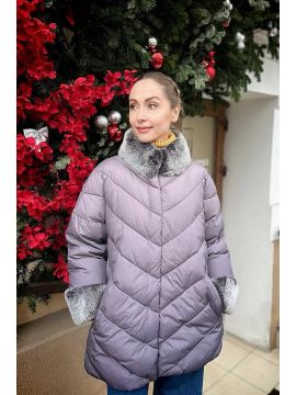 Пуховик серый с кроликом укороченный рукав