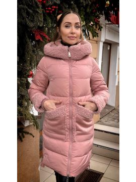 удлиненный PINK пуховик с мехом барашка